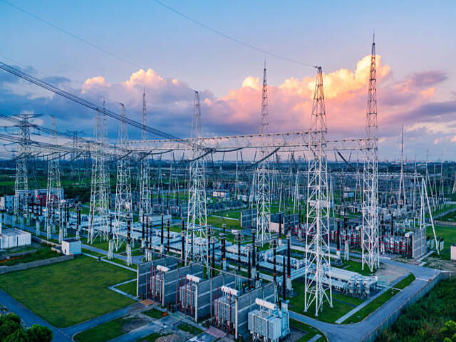 Aerial view of a high voltage substation.Industrial power tower background.